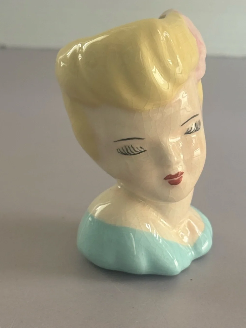 Vintage Ceramic Lady Head Vase in Pastel Blue and Blonde